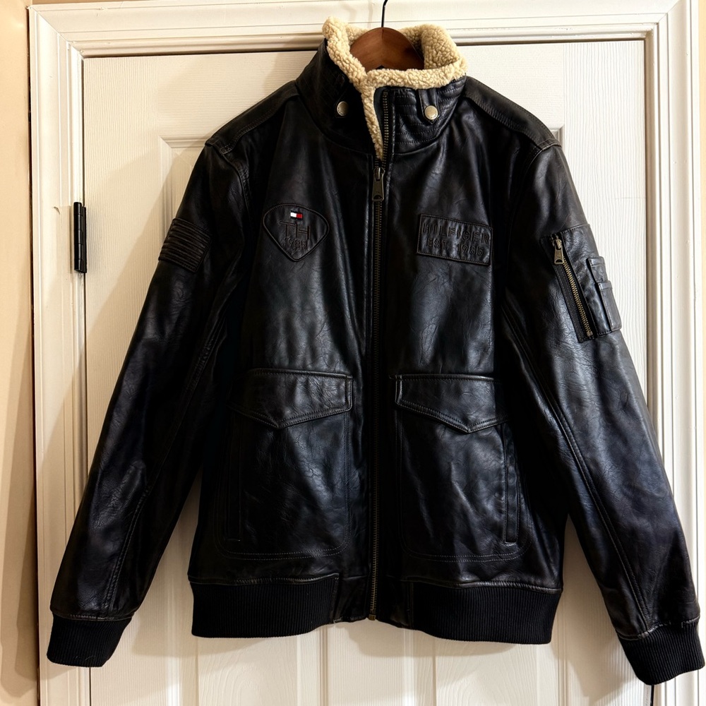 Tommy Hilfiger Brown Vegan Leather Jacket with Cream Collar